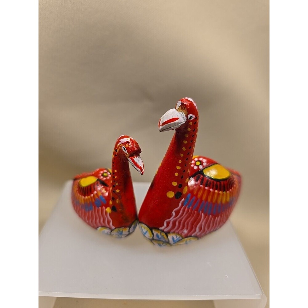 Mexican Pottery Bird Figurine Vintage Hand Painted Vibrant Colorful Swans Pair